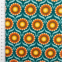 Hochwertiger Baumwollperkal mit symmetrischem Retro-Blumenmuster in Türkis, Orange und Gelb von JoliJoli, der sich dank seiner feinfädigen Qualität ideal für Bettwäsche oder Bekleidung bei einer Breite von 150 cm eignet - mit Massband