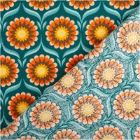 Hochwertiger Baumwollperkal mit symmetrischem Retro-Blumenmuster in Türkis, Orange und Gelb von JoliJoli, der sich dank seiner feinfädigen Qualität ideal für Bettwäsche oder Bekleidung bei einer Breite von 150 cm eignet - mit Rueckseite