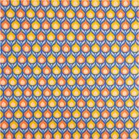 Farbenfroher Baumwollperkal mit symmetrischem Retro-Blumenmuster in kräftigem Blau, Orange und Gelb, der durch seine feinfädige Qualität überzeugt und sich ideal für Bettwäsche oder Bekleidung bei einer Breite von 150 cm eignet - Vollansicht