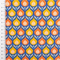 Farbenfroher Baumwollperkal mit symmetrischem Retro-Blumenmuster in kräftigem Blau, Orange und Gelb, der durch seine feinfädige Qualität überzeugt und sich ideal für Bettwäsche oder Bekleidung bei einer Breite von 150 cm eignet - mit Massband