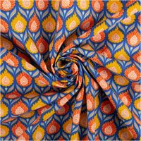 Farbenfroher Baumwollperkal mit symmetrischem Retro-Blumenmuster in kräftigem Blau, Orange und Gelb, der durch seine feinfädige Qualität überzeugt und sich ideal für Bettwäsche oder Bekleidung bei einer Breite von 150 cm eignet - kunstvoll eingedreht in Fa