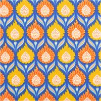 94486-Baumwollstoff-Perkal-Retro-Blumen-Luka-blau-orange-gelb-1-5m-Breite-IMG-1237.jpg Farbenfroher Baumwollperkal mit symmetrischem Retro-Blumenmuster in kräftigem Blau, Orange und Gelb, der durch seine feinfädige Qualität überzeugt und sich ideal für Bettwäsche oder Bekleidung bei einer Breite von 150 cm eignet - Nahaufnahme