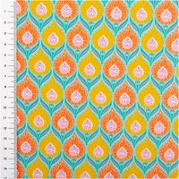 94487-Baumwollstoff-Perkal-Retro-Blumen-Luka-tuerkis-orange-gelb-1-5m-Breite-IMG-1231.jpg Hochwertiger Baumwollperkal mit farbenfrohem Retro-Blumenmuster in Türkis, Orange und Gelb, der sich durch seine feinfädige Qualität ideal für Bettwäsche oder Bekleidung eignet und eine praktische Stoffbreite von 150 cm aufweist - mit Massband
