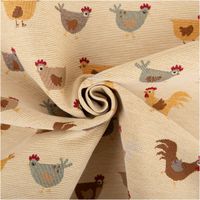 Hochwertiger Gobelin-Jacquard mit witzigem „Comic Chickens“-Motiv in Beige und Braun. Der robuste, 1,40 m breite Dekostoff besticht durch seine feste Haptik – ideal für originelle Kissen, Taschen oder Tischläufer - kunstvoll eingedreht in Falten