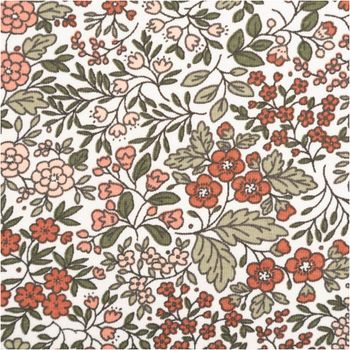 Feiner Baumwolljersey in Wollweiß zeigt ein filigranes Blumenmuster in sanften Rosa- und Grüntönen. Der elastische Stoff ist 1,50 Meter breit und bietet eine weiche Qualität für die Gestaltung eleganter sowie bequemer Kleidungsstücke - Nahaufnahme