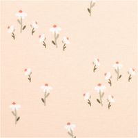 Dieser feine Baumwolljersey in zartem Rosa präsentiert ein dezentes Blumenmuster mit weißen Blüten und grünen Stielen. Der elastische Stoff ist 1,50 Meter breit und bietet eine weiche Qualität für bequeme Kinderbekleidung - Nahaufnahme