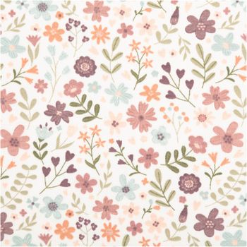 Dieser hochwertige Baumwolljersey in Wollweiß präsentiert ein verspieltes Blumenmuster in bunten Pastelltönen. Mit einer Breite von 1,50 Metern bietet der elastische Stoff ideale Bedingungen für das Nähen von farbenfroher Kinderbekleidung - Nahaufnahme