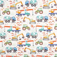 Dieser elastische Baumwolljersey von Fräulein von Julie zeigt detailreiche Baufahrzeuge wie Traktoren und Betonmischer auf weißem Grund, ideal für farbenfrohe Kinderbekleidung und Accessoires bei einer praktischen Stoffbreite von 150 cm - Vollansicht