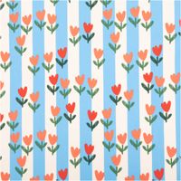 Baumwollstoff mit grafischen Tulpen in Rot und Apricot mit dunkelgrünen Stielen auf blauen und weißen Blockstreifen – frisch, fröhlich und sommerlich. Breite: 1,47 m. Ideal für Nähprojekte - Vollansicht