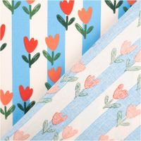 94570-Baumwollstoff-Streifen-Tulpen-blau-ecru-rot-1-47m-Breite-IMG-6042.jpg Baumwollstoff mit grafischen Tulpen in Rot und Apricot mit dunkelgrünen Stielen auf blauen und weißen Blockstreifen – frisch, fröhlich und sommerlich. Breite: 1,47 m. Ideal für Nähprojekte - mit Rueckseite