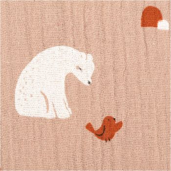 Kuschelweicher Musselin-Stoff aus reiner Baumwolle mit niedlichem Bären- und Vogel-Motiv auf braunem Grund. Die 1,30 m breite Meterware Kizou ist ideal für hautfreundliche Baby-Ausstattung und gemütliche Accessoires geeignet - nahaufnahme