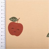 Weicher French Terry Sommersweat in 150 cm Breite mit Schlingenstruktur auf der Rückseite. Das Design zeigt rote Äpfel mit niedlichen Lachgesichtern und grünen Blättern auf beigem Grund. Ideal für bequeme Kinderbekleidung oder Freizeitmode - mit Massband