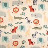 94617-Musselin-Stoff-Baumwollstoff-Afrika-Tiere-beige-bunt-1-50m-Breite-IMG-2725.jpg Weicher Musselin-Baumwollstoff in 1,50 m Breite mit kindgerechten Afrika-Tier-Motiven auf beigem Grund. Zu sehen sind bunte Illustrationen von Tiger, Elefant, Schildkröte, Schlange und Flusspferd. Ideal für luftige Kleidung, Tücher oder zarte Kinderaccesso