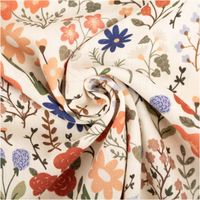 94635-Viskose-Stoff-mit-42--Leinenanteil-Blumen-beige-bunt-1-43cm-Breite-IMG-3558.jpg Hochwertiger Viskosestoff mit 42 % Leinenanteil und buntem Blumen-Print auf Beige. Die 1,43 m breite Meterware vereint Leichtigkeit mit natürlicher Struktur – perfekt für sommerliche Kleider, Röcke oder Blusen - kunstvoll eingedreht in Falten
