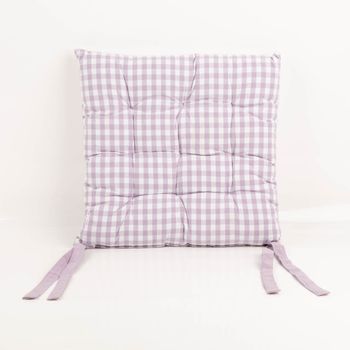Sitzkissen mit Bindebändern, zweiseitig, 40x40 cm – üppig gestepptes Kissen im klassischen Vichy-Karomuster in Lila-Weiß, vier Bindebänder zur Befestigung, charmant-landlich für Stühle und Bänke - Vollansicht