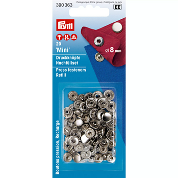 Prym Mini Druckknöpfe Nachfüllpackung, 8 mm, silber, 20 Stück – rostfreie Metalldruckknöpfe in transparenter Blister-Box auf blauer Karte, kompakte Einzelteile für einfache nähfreie Verarbeitung - Vollansicht