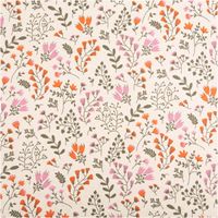 Abwaschbarer Canvas-Tischdeckenstoff, beschichtet, 1,48 m breit – naturheller Grund mit zarten Wiesenblumen in Rosa und Orange-Rot sowie olivfarbenen Blätterranken, lebhaft und charmant - Vollansicht