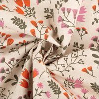 Abwaschbarer Canvas-Tischdeckenstoff, beschichtet, 1,48 m breit – naturheller Grund mit zarten Wiesenblumen in Rosa und Orange-Rot sowie olivfarbenen Blätterranken, lebhaft und charmant - kunstvoll eingedreht in Falten