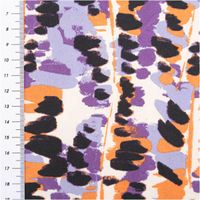 Baumwoll-Viskose-Stoff (40% Viskose), 1,48 m breit, in Ecru mit abstraktem Muster aus schwarzen Pinselflecken sowie orange und lila Farbflächen – ausdrucksstark und modern - mit Massband