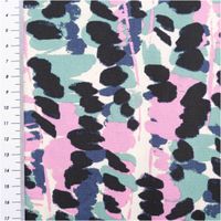 Baumwoll-Viskose-Stoff, 1,48 m breit – cremefarbener Grund mit abstraktem Leoparden-Print in Schwarz, Mintgrün, Navy und Rosa mit pinken Streifenakzenten, fließend-leicht und ausdrucksstark kombinierbar - mit Massband