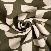 Canvas-Stoff im Leinenlook (70% Baumwolle), 1,48 m breit, in Grün-Natur mit grafischem Halbkreis-Muster in Ecru auf olivgrünem Grund – geometrisch, zeitlos und vielseitig einsetzbar - kunstvoll eingedreht in Falten