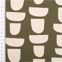 94772-Canvas-Stoff-mit-70--Baumwolle-Leinenlook-abstrakt-gruen-natur-1-48m-Breite-IMG-4561.jpg Canvas-Stoff im Leinenlook (70% Baumwolle), 1,48 m breit, in Grün-Natur mit grafischem Halbkreis-Muster in Ecru auf olivgrünem Grund – geometrisch, zeitlos und vielseitig einsetzbar - mit Massband