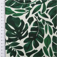 Canvas-Baumwollstoff im Digitaldruck, 138 cm breit, in Ecru mit großflächigem Monstera- und Dschungelblatt-Muster in sattem Dunkelgrün – tropisch, ausdrucksstark und ideal für Deko oder Mode - mit Massband