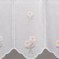 Weiße Gardine mit aufgestickten Gänseblümchenmuster, halbtransparenter Stoff, Blumendesign