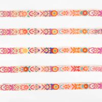 Bestickte Blumenborte im Boho-Stil, 8,8 cm breit, auf Ecru-Grund mit detailreichen Blüten in Lila, Rot, Orange, Gelb, Pink und Blau – ein lebhafter Hingucker für Textilien aller Art - stilvoll praesentiert