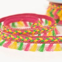 94794-Flechtborte-mit-Quastenfransen-pink-gelb-gruen-2-8cm-Breite-94794-1.jpg Flechtborte mit bunten Quastenfransen in Pink, Gelb und Grün sowie dekorativen Glitzerdetails auf pinkem Band