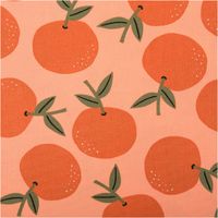 94841-Canvas-Baumwollstoff-Orangen-orange-138cm-Stoffbreite-IMG-5031.jpg Canvas-Baumwollstoff, 138 cm breit, in hellem Peach-Orange mit großflächigen, locker verteilten Orangen in sattem Orange mit olivgrünen Blättern – frisch, fruchtig und sommerlich-mediterran - Nahaufnahme