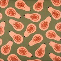 94843-Canvas-Baumwollstoff-Papaya-gruen-orange-138cm-Stoffbreite-IMG-5045.jpg Canvas-Baumwollstoff, 138 cm breit, in Olivgrün mit großflächigen aufgeschnittenen Papayas in Peach und Orange mit schwarzen Kernen – exotisch, ausdrucksstark und ein echter Sommerhingucker - Vollansicht
