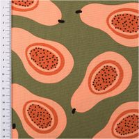 94843-Canvas-Baumwollstoff-Papaya-gruen-orange-138cm-Stoffbreite-IMG-5047.jpg Canvas-Baumwollstoff, 138 cm breit, in Olivgrün mit großflächigen aufgeschnittenen Papayas in Peach und Orange mit schwarzen Kernen – exotisch, ausdrucksstark und ein echter Sommerhingucker - mit Massband