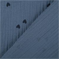 Musselin-Stoff „Small Hearts", 1,35 m breit, in Jeansblau mit locker verteilten kleinen Herzchen in Dunkelblau – weich, luftig und charmant für Babytextilien oder verspielte Kindermode - mit Rueckseite