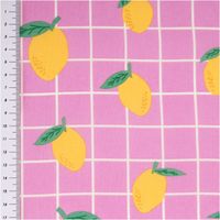 94846-Tischdeckenstoff-abwaschbar-Baumwollstoff-beschichtet-Karo-Zitrone-rosa-gelb-1-48m-Breite-IMG-4979.jpg Abwaschbarer Tischdeckenstoff, beschichtet, 1,48 m breit – rosafarbenes Karomuster mit weißen Linien und locker verteilten gelben Zitronen mit grünen Blättern, fröhlich und mediterran - mit Massband