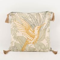 Dekokissen Kolibri Blätter grün gelb beige Kissenbezug mit Dekoration in Gelb und Grün auf beigem Hintergrund mit Vogel und Blattmuster, Quasten an den Ecken