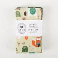 94864-Baumwollstoff-Kinder-Patchwork-Set-mit-5-Stoffabschnitten-44x55cm-IMG-5236.jpg Stoffpaket mit fünf Baumwollstoffen in Grün- und Naturtönen, verpackt als Patchwork-Set 44 x 55 cm.