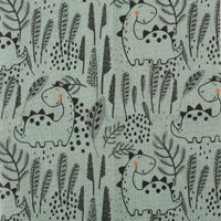 94864-Baumwollstoff-Kinder-Patchwork-Set-mit-5-Stoffabschnitten-44x55cm-IMG-5241.jpg Grüner Baumwollstoff mit Dinosauriern und Pflanzen in Schwarz auf mintfarbenem Hintergrund.