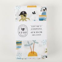 94864-Baumwollstoff-Kinder-Patchwork-Set-mit-5-Stoffabschnitten-44x55cm-IMG-5245.jpg Stoffpaket aus fünf Baumwollstoffen mit maritimen und tierischen Kindermotiven, verpackt als Patchwork-Set 44 x 55 cm.
