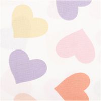 Baumwoll-Popeline, 1,45 m breit, in Weiß mit großen, locker verteilten Herzen in Pastell – Lila, Rosa, Gelb, Koralle und Hellblau – verspielt, weich und perfekt für Kindermode oder Accessoires - Nahaufnahme