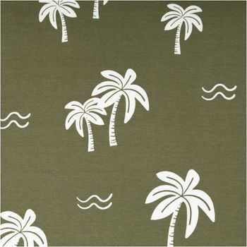 Baumwolljersey, 1,50 m breit, in Olivgrün mit weißen Palmen in verschiedenen Größen und kleinen Wellenmotiven – sommerlich-frisch und ideal für lässige Mode oder Kinderkleidung - Nahaufnahme