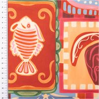 Tischdeckenstoff abwaschbar Patchwork bunt wasserabweisend 1,48m Breite Bunter Dekostoff mit roten und orangefarbenen Fischmotiven, detailreiche Musterung mit Meterstab.