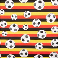 Baumwolljersey mit Fußball-Motiven auf Querstreifen in Schwarz, Rot und Gelb – sportlich und ausdrucksstark. Weich, dehnbar, ideal für Kinder- & Fanmode. 145 cm breit - Vollansicht