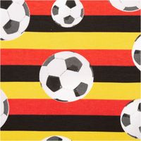 Baumwolljersey mit Fußball-Motiven auf Querstreifen in Schwarz, Rot und Gelb – sportlich und ausdrucksstark. Weich, dehnbar, ideal für Kinder- & Fanmode. 145 cm breit - Nahaufnahme