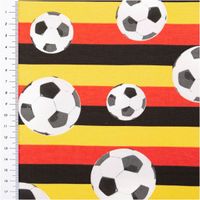 Baumwolljersey mit Fußball-Motiven auf Querstreifen in Schwarz, Rot und Gelb – sportlich und ausdrucksstark. Weich, dehnbar, ideal für Kinder- & Fanmode. 145 cm breit - mit Massband