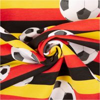 Baumwolljersey mit Fußball-Motiven auf Querstreifen in Schwarz, Rot und Gelb – sportlich und ausdrucksstark. Weich, dehnbar, ideal für Kinder- & Fanmode. 145 cm breit - kunstvoll eingedreht in Falten