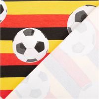 Baumwolljersey mit Fußball-Motiven auf Querstreifen in Schwarz, Rot und Gelb – sportlich und ausdrucksstark. Weich, dehnbar, ideal für Kinder- & Fanmode. 145 cm breit - mit Rueckseite