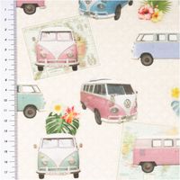 94988-Baumwollstoff-Halbpanama-VW-Bulli-Summer-All-Over-Beige-Pastell-1-40m-Breite-IMG-6053.jpg Baumwoll-Halbpanama mit VW Bullis in Pastell-Türkis, Lila und Rosa, Landkarten und Tropenblumen auf beigem Grund – nostalgisch, sommerlich und voller Fernweh. Breite: 1,40 m. Ideal für Deko und Nähprojekte - mit Massband