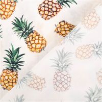 Baumwollpopeline mit fotorealistischen Ananas in sattem Gelb-Orange mit grünen Blätterkronen auf ecruem Grund – tropisch, frisch und sommerlich. Breite: 1,40 m. Ideal für Näh- und Sommerprojekte - mit Rueckseite