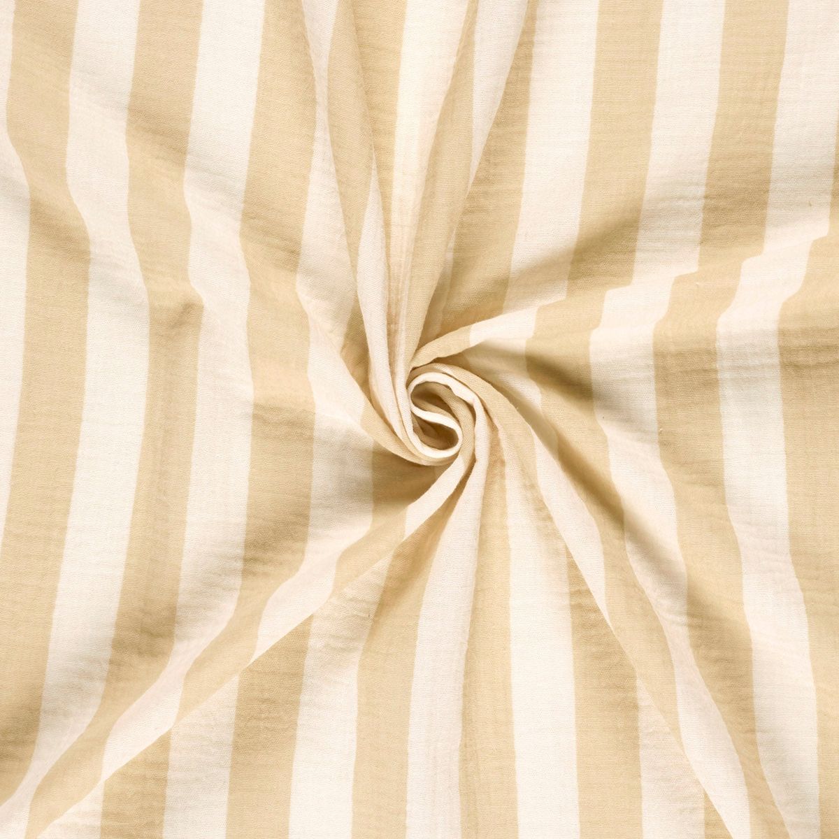 95007-Musselin-Stoff-Baumwollstoff-Streifen-beige-ecru-1-50m-Breite-25327-051-3.jpg Weicher Musselin Stoff in Beige Ecru mit typischer Crinkle-Struktur mittig gedreht drapiert